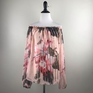 WHBM S Pink Off Shoulder Floral Long Sleeve Blouse